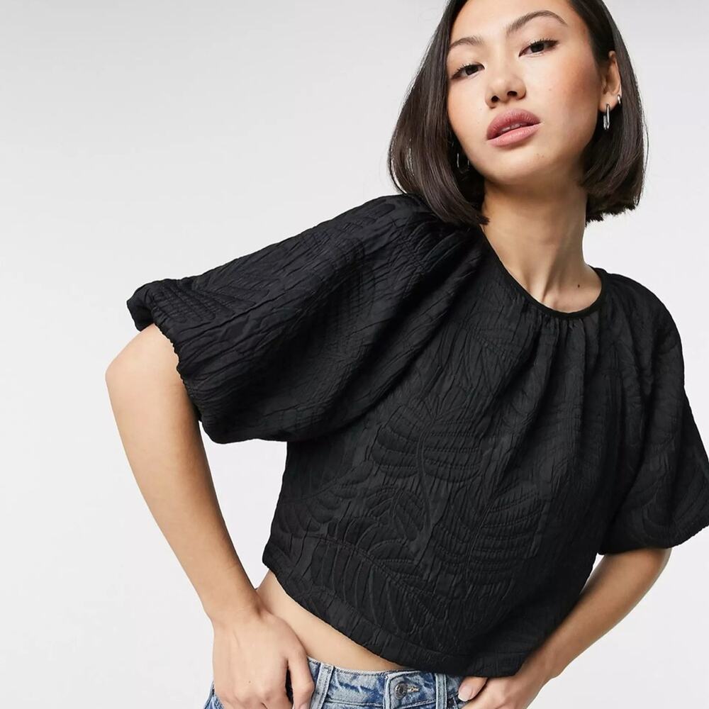 & Other Stories Textured Leaf Print Crop Top Black Size 4